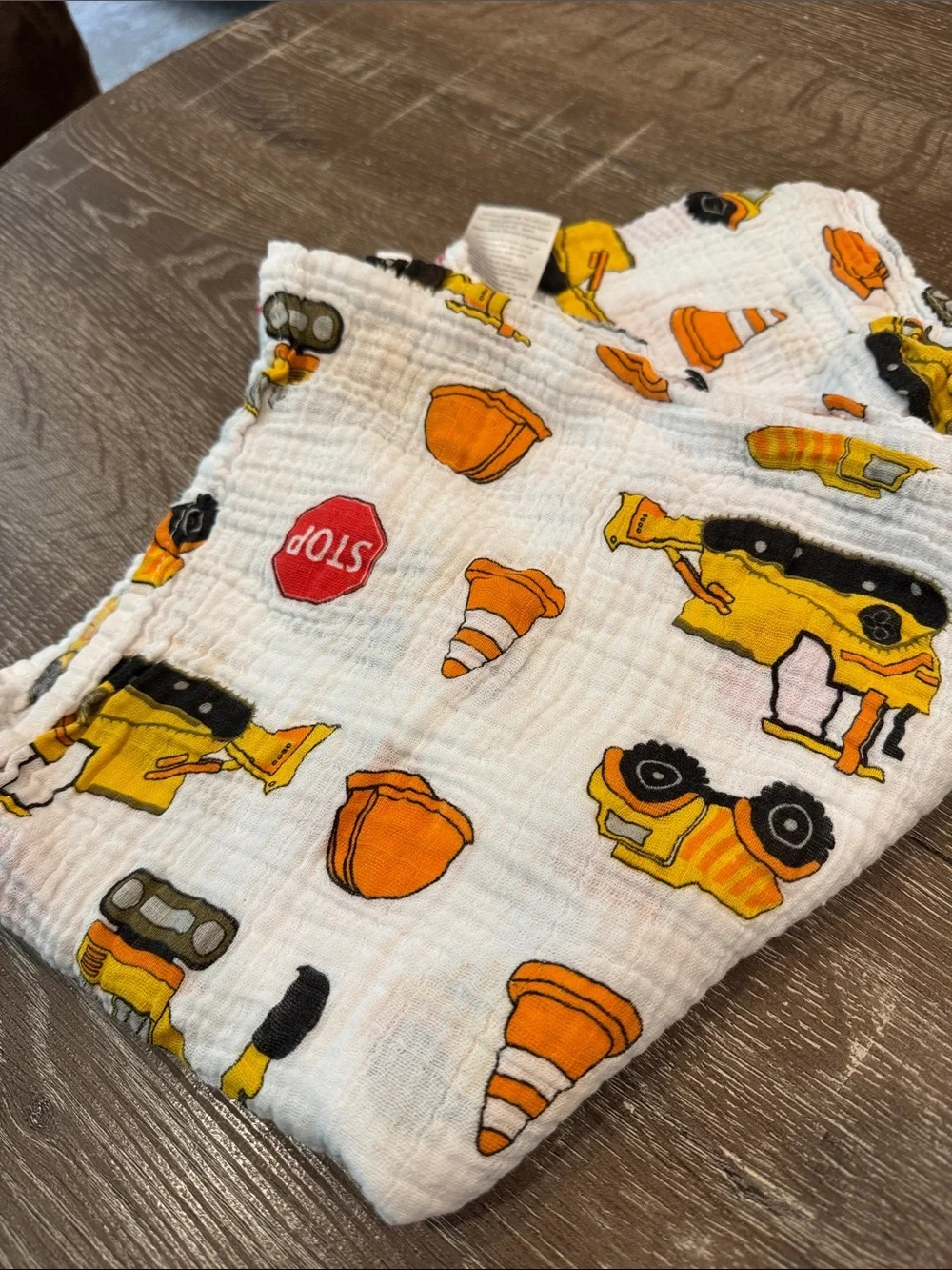 Construction Vehicles Muslin Bib - White with Orange & Yellow